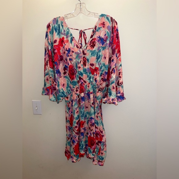 easel Dresses & Skirts - Easel Floral Tie-Back Mini Dress - Red, Pink, Blue